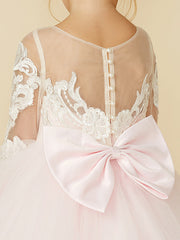 Ball Gown Long Sleeve Illusion Neck Flower Girl Dress with Lace Tulle Bows and Buttons