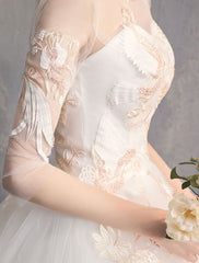 Ball Gown Princess Wedding Dresses Ivory Half Sleeve Backless Applique Bridal Dress