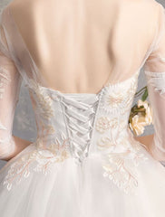 Ball Gown Princess Wedding Dresses Ivory Half Sleeve Backless Applique Bridal Dress