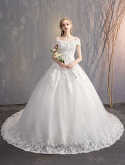 Ball Gown Princess Wedding Dresses Ivory Lace Beaded Chains Off The Shoulder Bridal Dress