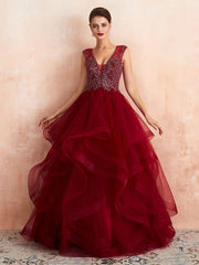 Ball Gown Wedding Dress Princess Floor Length V Neck Sleeveless Sequins Tulle Bridal Dresses