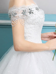 Ball Gown Wedding Dresses Off Shoulder Floor Length Lace Tulle Polyester Sleeveless Romantic