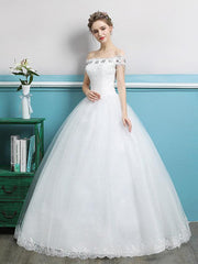Ball Gown Wedding Dresses Off Shoulder Floor Length Lace Tulle Polyester Sleeveless Romantic