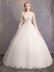 Ball Gown Wedding Dresses Off Shoulder Floor Length Tulle Lace Over Satin Half Sleeve Glamorous Illusion Detail