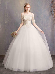 Ball Gown Wedding Dresses Off Shoulder Floor Length Tulle Lace Over Satin Half Sleeve Glamorous Illusion Detail