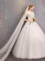 Ball Gown Wedding Dresses Off Shoulder Floor Length Tulle Lace Over Satin Half Sleeve Glamorous Illusion Detail