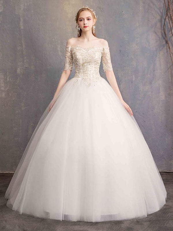 Ball Gown Wedding Dresses Off Shoulder Floor Length Tulle Lace Over Satin Half Sleeve Glamorous Illusion Detail