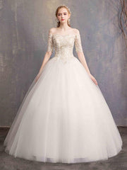 Ball Gown Wedding Dresses Off Shoulder Floor Length Tulle Lace Over Satin Half Sleeve Glamorous Illusion Detail