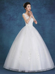 Ball Gown Wedding Dresses Scoop Neck Floor Length Satin Tulle Cap Sleeve Romantic See-Through Backless