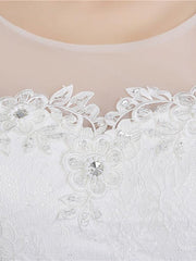 Ball Gown Wedding Dresses Scoop Neck Floor Length Satin Tulle Cap Sleeve Romantic See-Through Backless