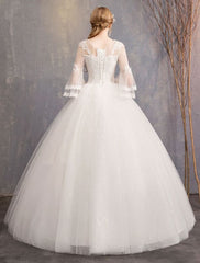 Ball Gown Wedding Dresses Tulle Jewel 3/4 Length Sleeve Floor Length Princess Bridal Gown