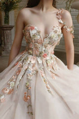 Ballbella Modern One Shoulder Flowers Prom Dress With Slit Long