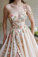 Ballbella Modern One Shoulder Flowers Prom Dress With Slit Long