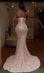 Gorgeous Strapless Prom Dress Glittering Beaded Evening Gown High Slit Party Dress Trailing Long Formal Dress HZ1024