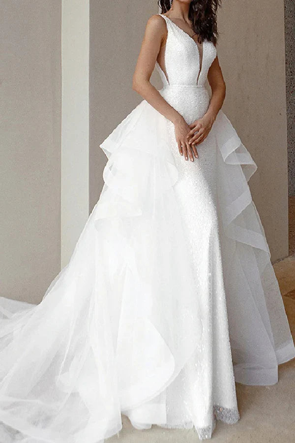 Engagement Sparkling Formal Wedding Dress Palace Tail Sleeveless V-neck Bridal Dress