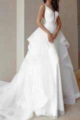 Engagement Sparkling Formal Wedding Dress Palace Tail Sleeveless V-neck Bridal Dress