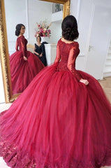 Long Sleeves Ball Gowns Wedding Dresses Lace Maroon Quinceanera Dresses