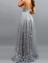 A-Line Prom Dresses Sparkle & Shine Dress Wedding Guest Engagement Sweep / Brush Train Sleeveless V Neck Satin with Pleats Sequin Slit