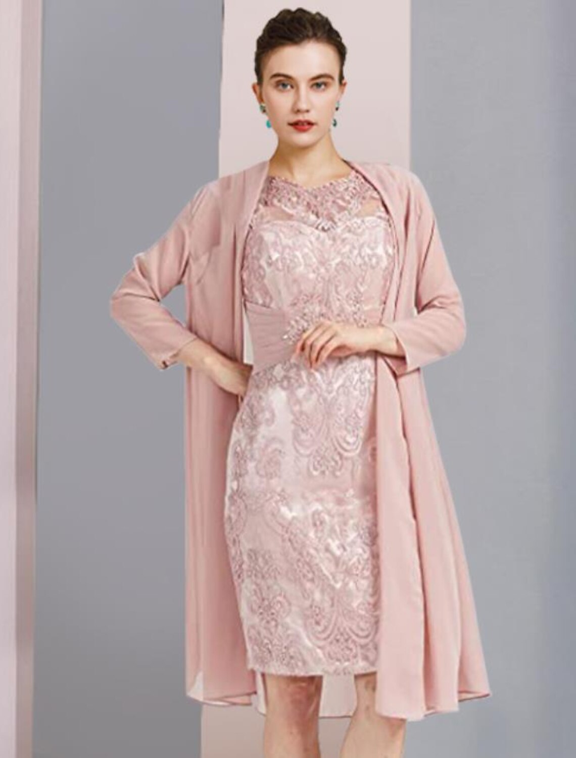 Aimishang  Two Piece Sheath / Column Mother of the Bride Dress Formal Wedding Guest Elegant Scoop Neck Knee Length Chiffon Lace Sleeveless Jacket Dresses with Beading Appliques