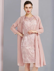 Aimishang  Two Piece Sheath / Column Mother of the Bride Dress Formal Wedding Guest Elegant Scoop Neck Knee Length Chiffon Lace Sleeveless Jacket Dresses with Beading Appliques