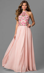 Long Halter Prom Dress with Embroidered Bodice