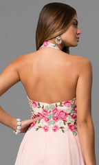 Long Halter Prom Dress with Embroidered Bodice