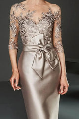 Bateau 3/4 Long Sleeves Satin Mother of the Bride Dresses with Lace