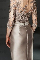 Bateau 3/4 Long Sleeves Satin Mother of the Bride Dresses with Lace