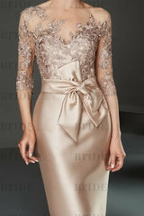 Bateau 3/4 Long Sleeves Satin Mother of the Bride Dresses with Lace