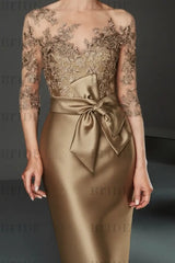 Bateau 3/4 Long Sleeves Satin Mother of the Bride Dresses with Lace