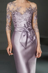 Bateau 3/4 Long Sleeves Satin Mother of the Bride Dresses with Lace