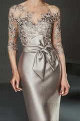 Bateau 3/4 Long Sleeves Satin Mother of the Bride Dresses with Lace
