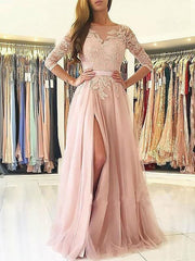 Bateau 3/4 Sleeves A-line Floor-Length With Applique Tulle Dresses