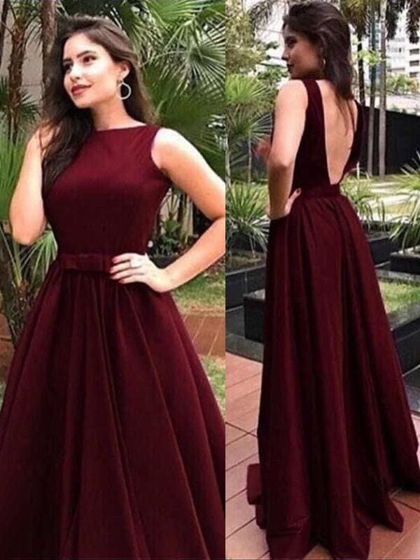 Bateau Floor-Length With Sash/Ribbon/Belt Elastic Woven Satin Dresses