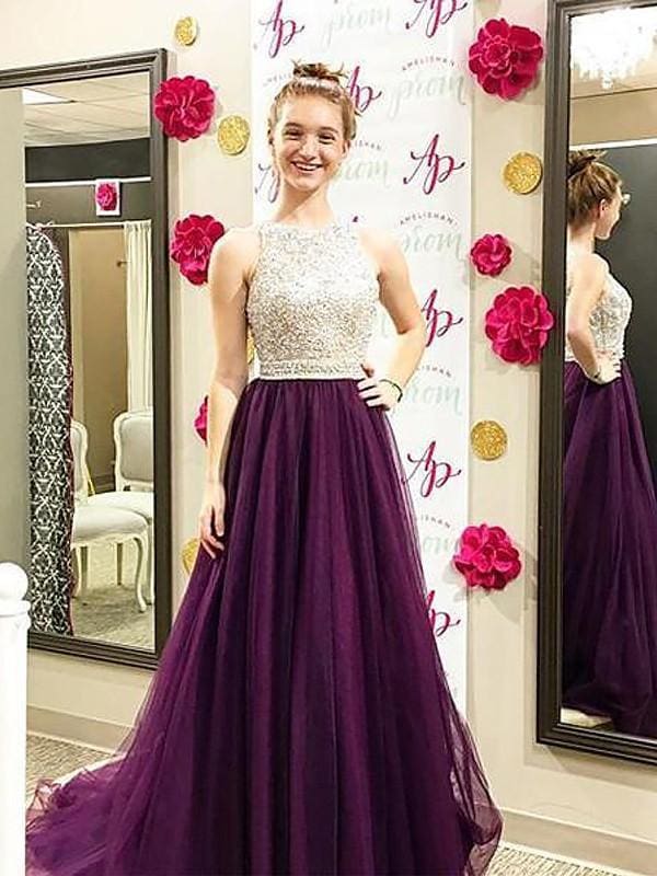 Bateau Halter A-line Beading Tulle Formal Dresses