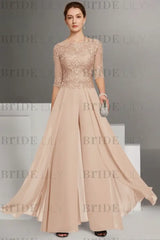 Bateau Neck Floor Length Chiffon Jumpsuit Half Sleeves Mother of the Bride Outfit with Appliques