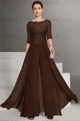 Bateau Neck Floor Length Chiffon Jumpsuit Half Sleeves Mother of the Bride Outfit with Appliques