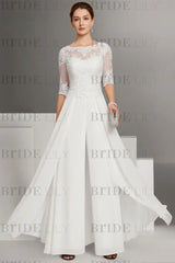 Bateau Neck Floor Length Chiffon Jumpsuit Half Sleeves Mother of the Bride Outfit with Appliques
