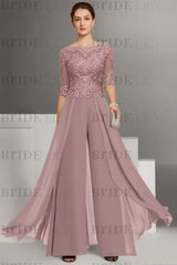 Bateau Neck Floor Length Chiffon Jumpsuit Half Sleeves Mother of the Bride Outfit with Appliques