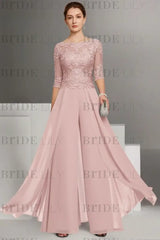 Bateau Neck Floor Length Chiffon Jumpsuit Half Sleeves Mother of the Bride Outfit with Appliques