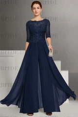 Bateau Neck Floor Length Chiffon Jumpsuit Half Sleeves Mother of the Bride Outfit with Appliques
