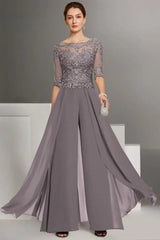 Bateau Neck Floor Length Chiffon Jumpsuit Half Sleeves Mother of the Bride Outfit with Appliques