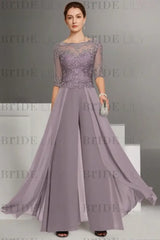 Bateau Neck Floor Length Chiffon Jumpsuit Half Sleeves Mother of the Bride Outfit with Appliques