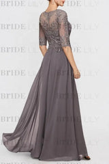 Bateau Neck Floor Length Chiffon Jumpsuit Half Sleeves Mother of the Bride Outfit with Appliques