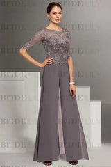 Bateau Neck Floor Length Chiffon Jumpsuit Half Sleeves Mother of the Bride Outfit with Appliques