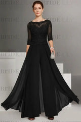 Bateau Neck Floor Length Chiffon Jumpsuit Half Sleeves Mother of the Bride Outfit with Appliques
