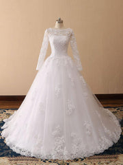 Bateau Neck Princess Wedding Dresses Long Sleeve Lace Tulle Bridal Gowns