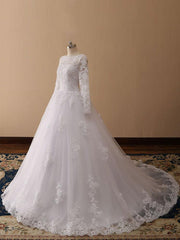 Bateau Neck Princess Wedding Dresses Long Sleeve Lace Tulle Bridal Gowns