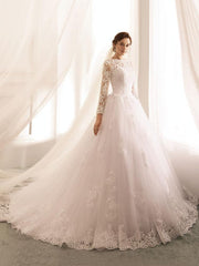 Bateau Neck Princess Wedding Dresses Long Sleeve Lace Tulle Bridal Gowns