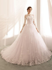 Bateau Neck Princess Wedding Dresses Long Sleeve Lace Tulle Bridal Gowns
